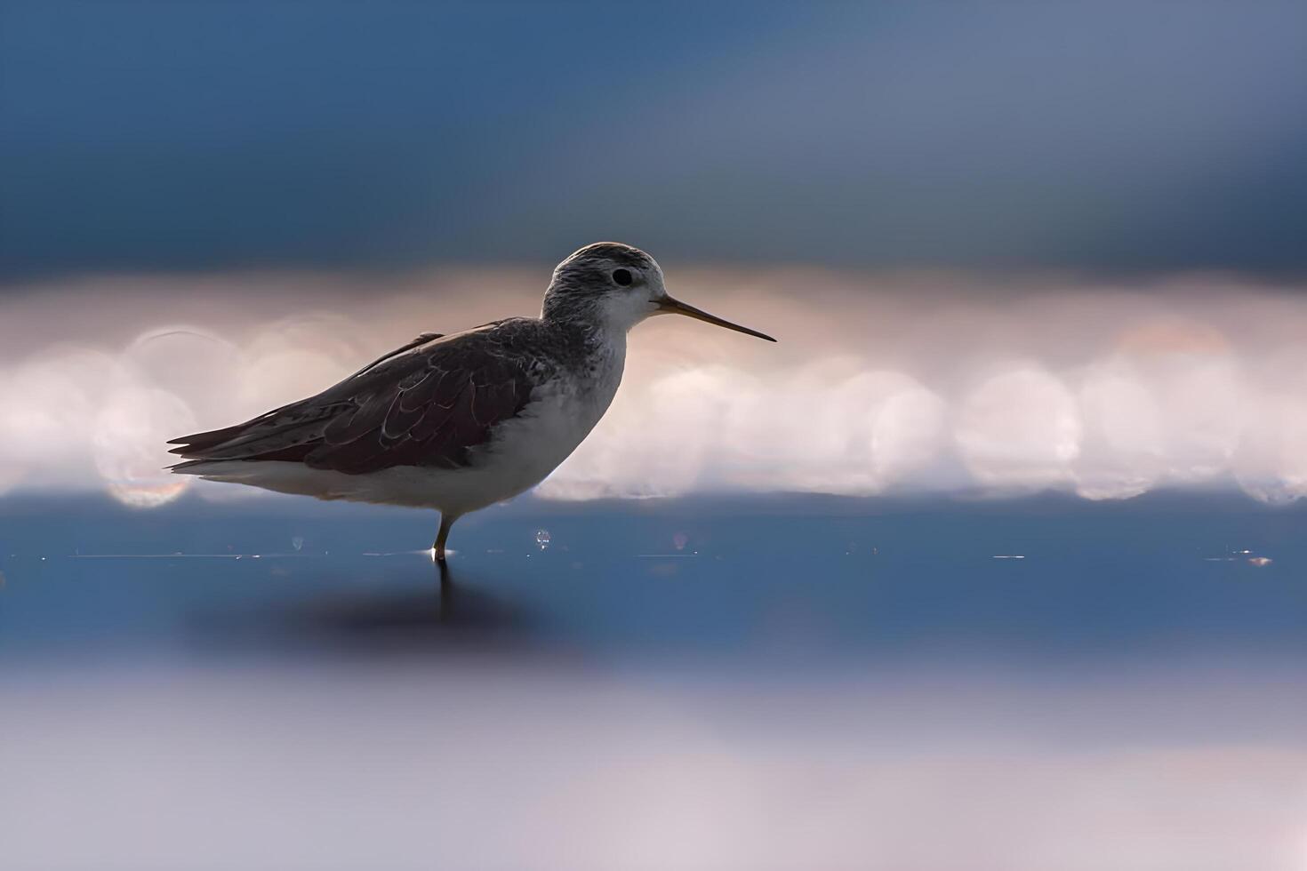 a bird standing in shallow water with a bokeh background photo