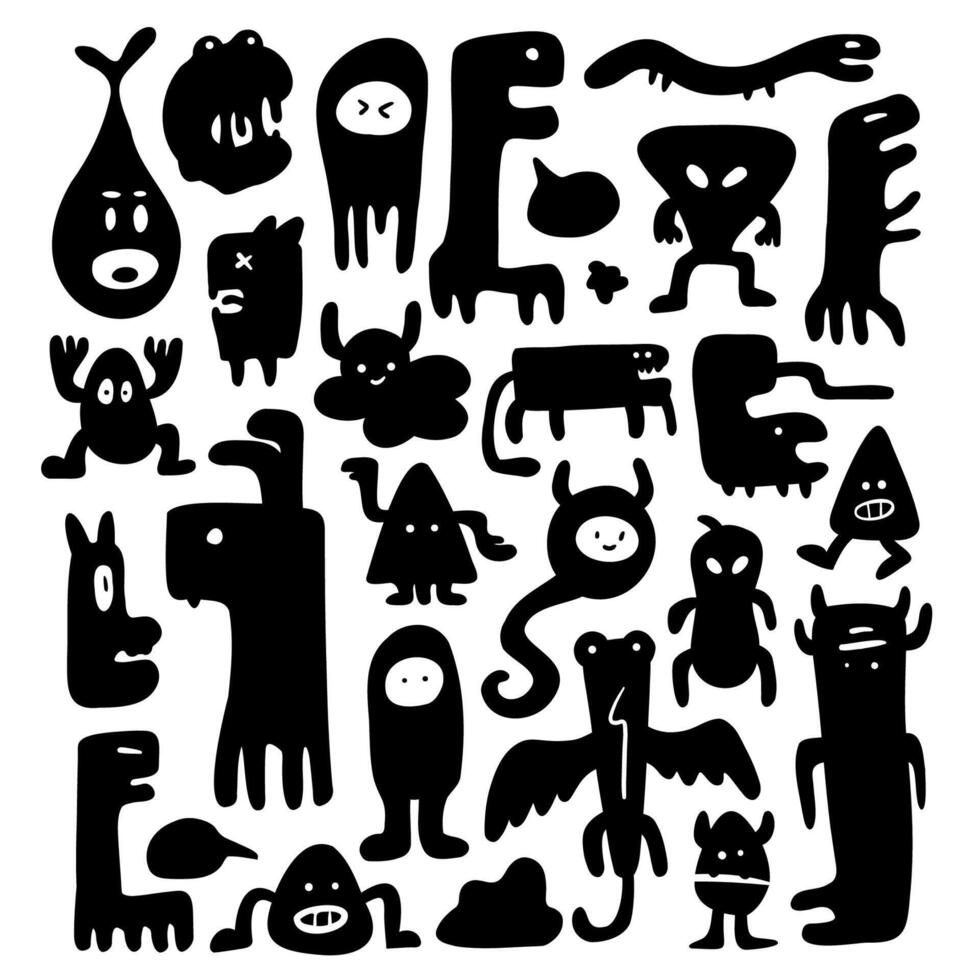 doodle cute abstract monster silhouette illustration collection vector