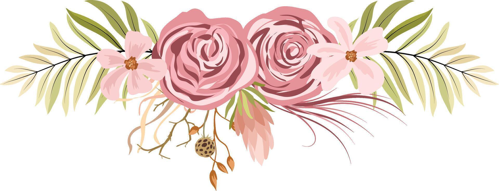 tropical bouquets with dry leaves and herbs, roses ,boho palm leaves and pampas grass isolated on white background. vector