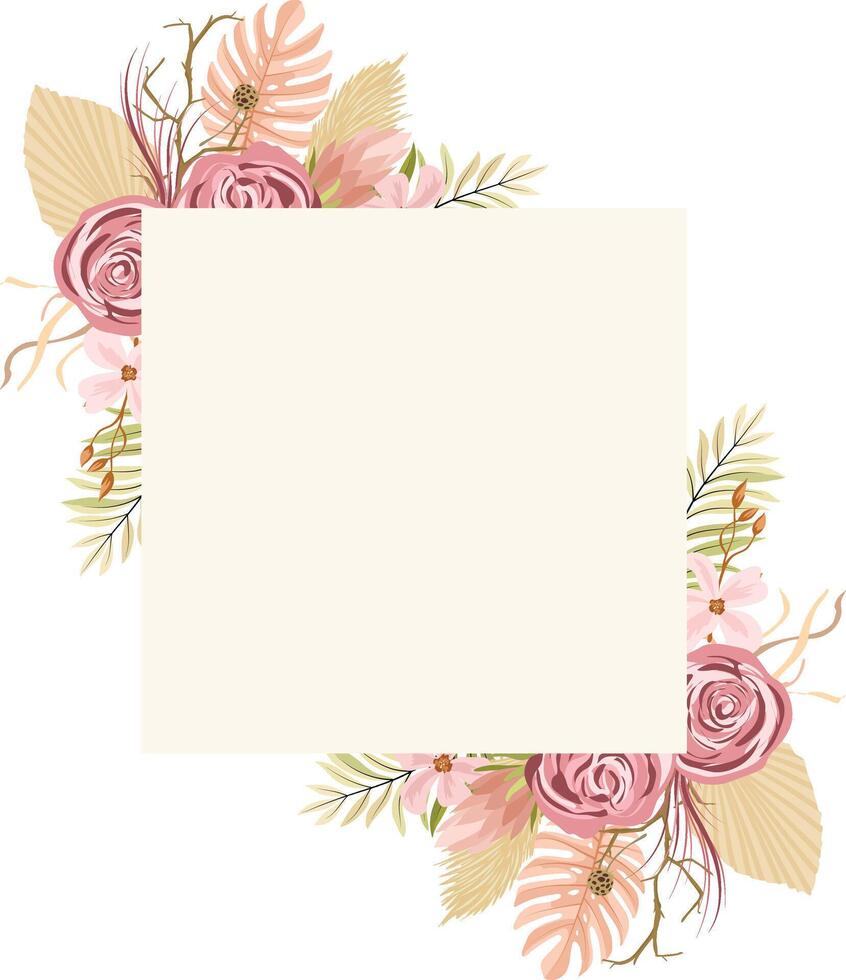 frame with Wreath with protea flowers,maroon roses, hydrangeas, cotton, palm leaves, reeds and dried plants in boho style. vector