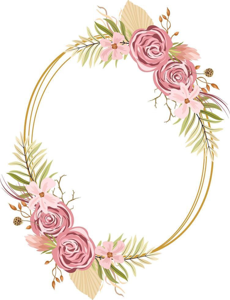 frame with Wreath with protea flowers,maroon roses, hydrangeas, cotton, palm leaves, reeds and dried plants in boho style. vector