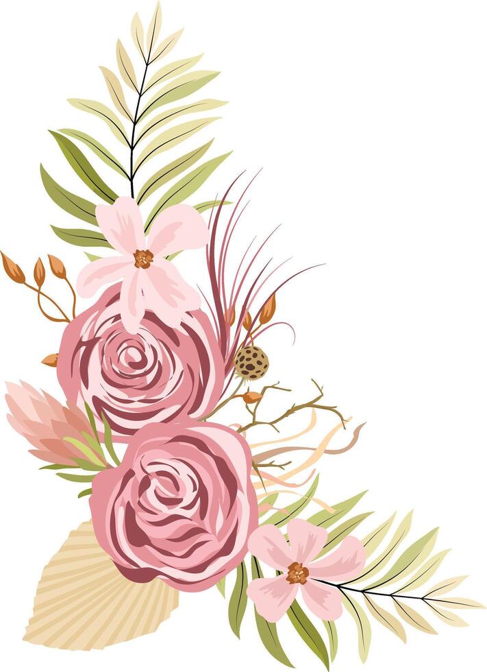 tropical bouquets with dry leaves and herbs, roses ,boho palm leaves and pampas grass isolated on white background. vector