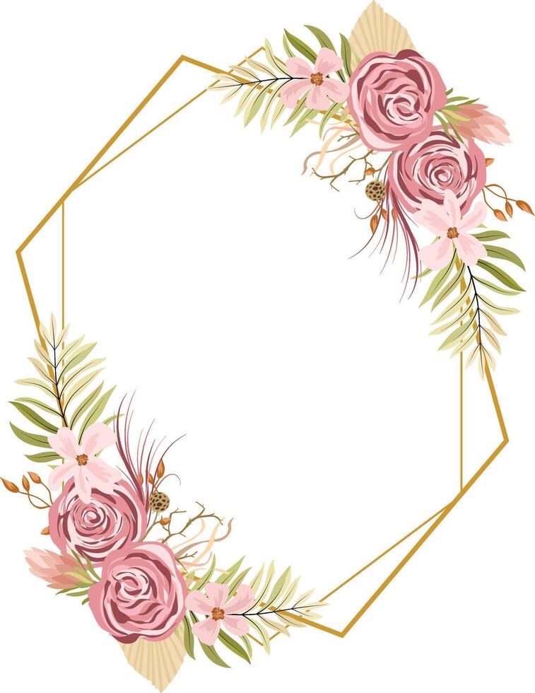 frame with Wreath with protea flowers,maroon roses, hydrangeas, cotton, palm leaves, reeds and dried plants in boho style. vector