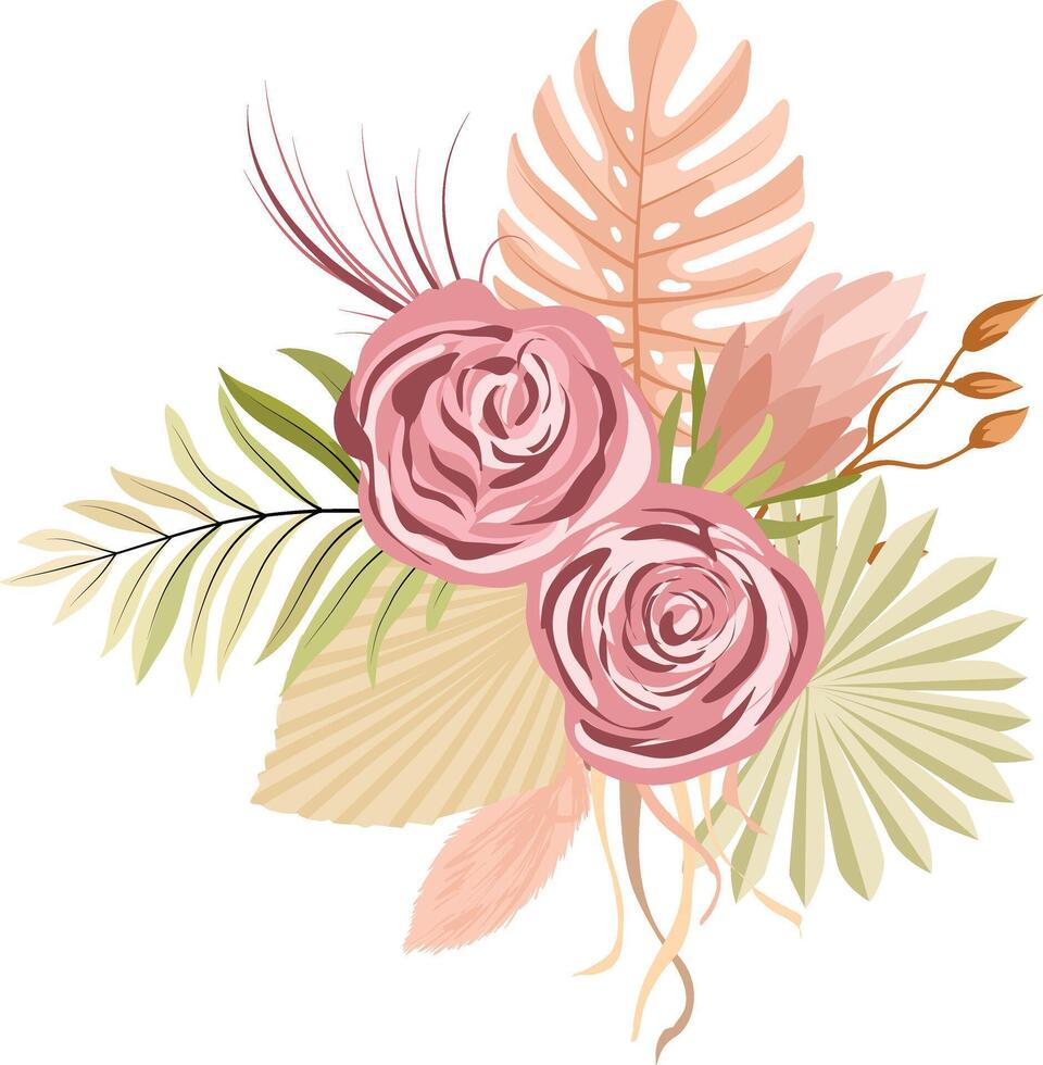 tropical bouquets with dry leaves and herbs, roses ,boho palm leaves and pampas grass isolated on white background. vector