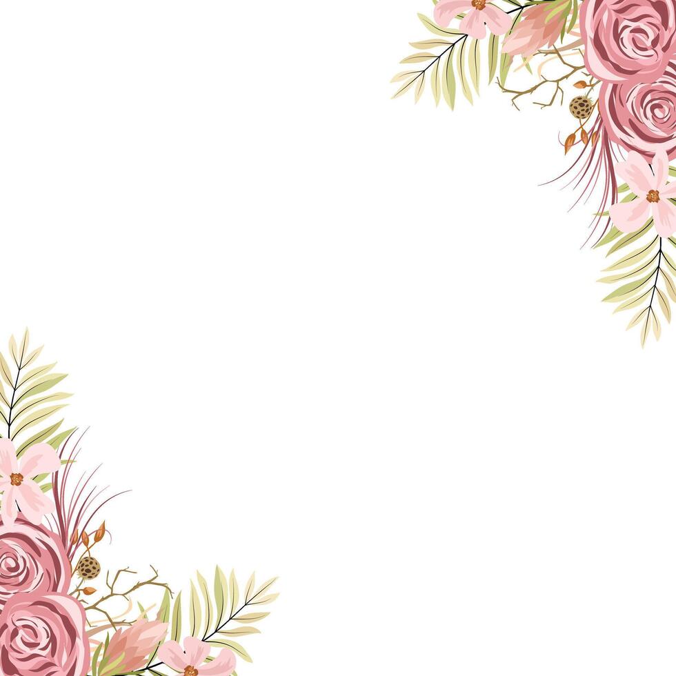 frame with Wreath with protea flowers,maroon roses, hydrangeas, cotton, palm leaves, reeds and dried plants in boho style. vector
