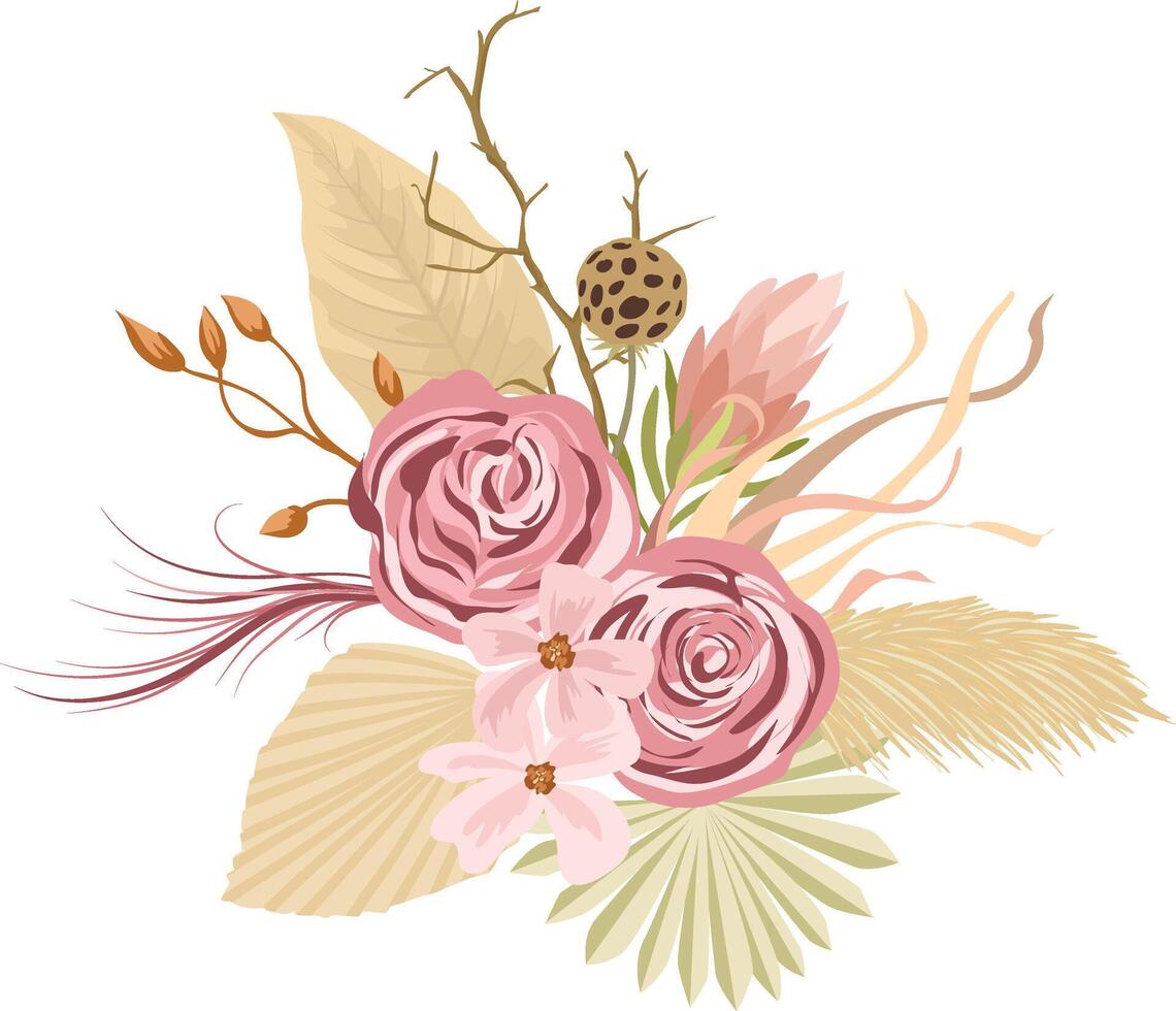 tropical bouquets with dry leaves and herbs, roses ,boho palm leaves and pampas grass isolated on white background. vector