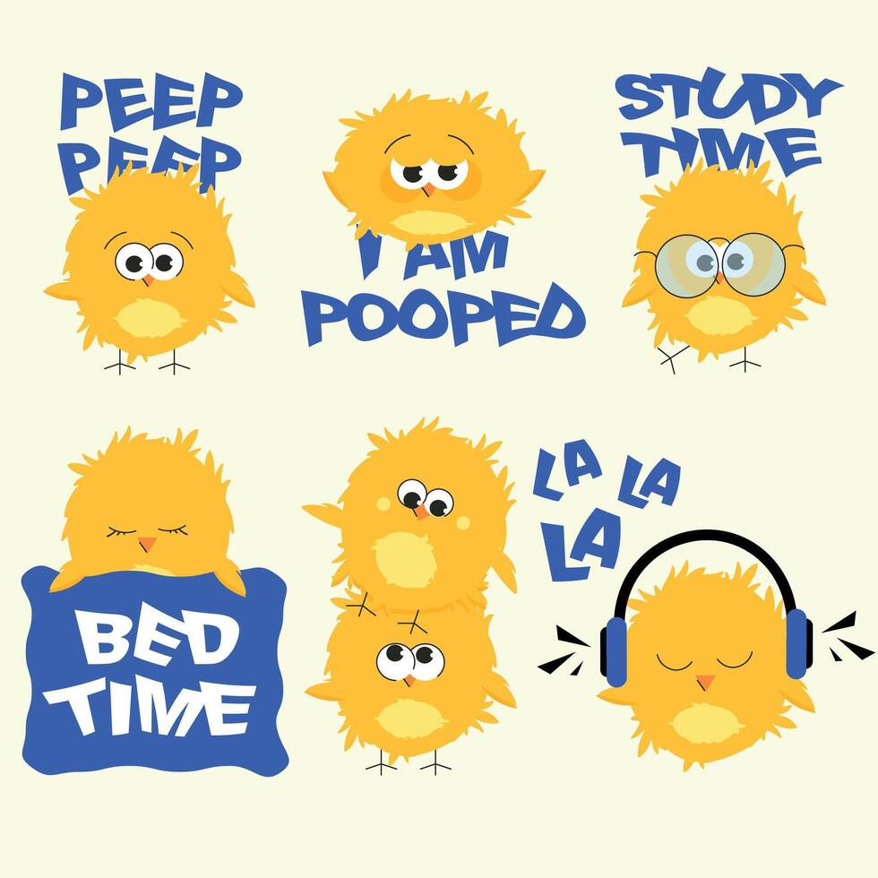 Set of cute hand drawn chickens listening to music, sleeping and laughing with blue lettering vector