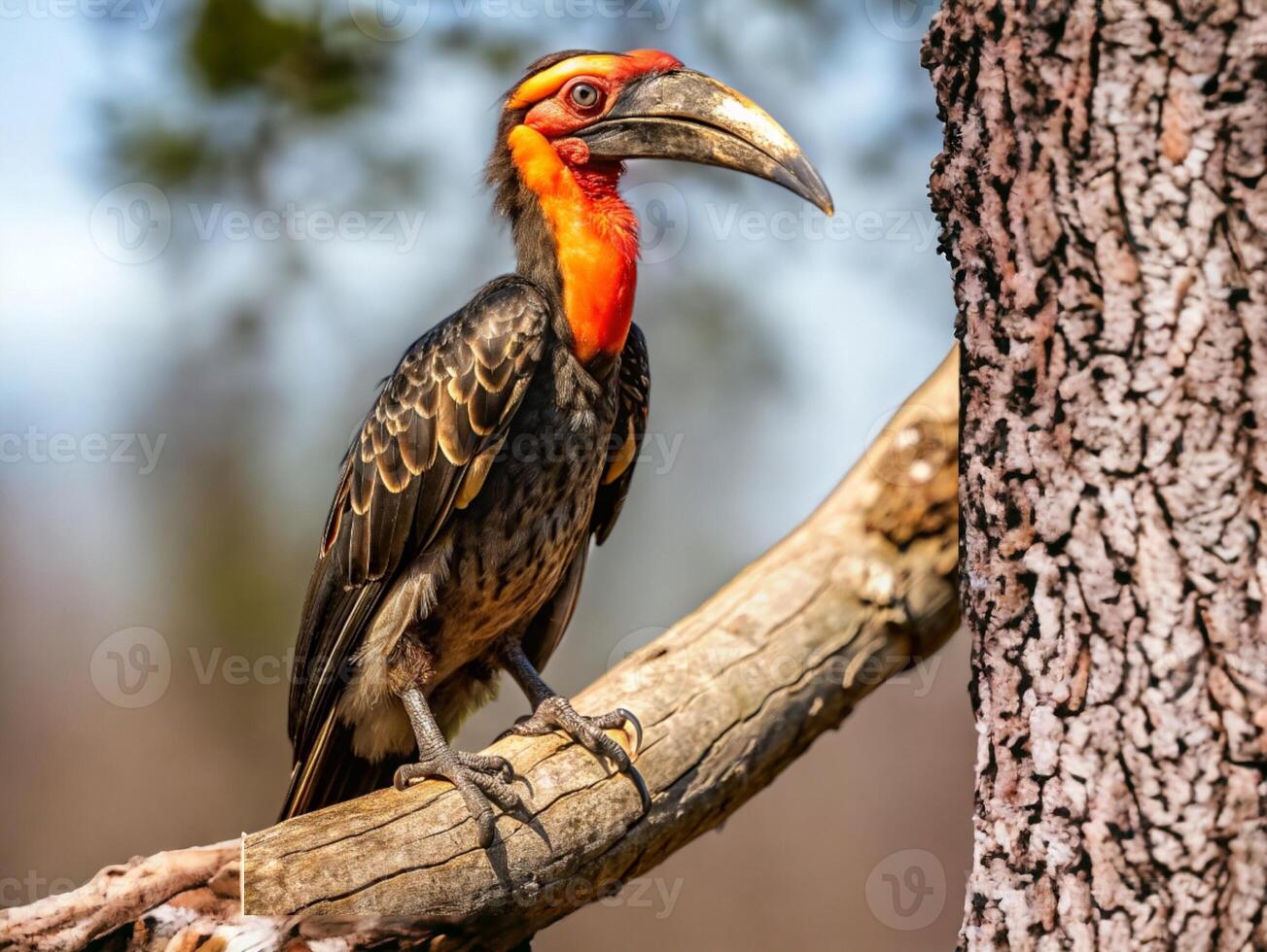 African Hornbill Bird on Branch- photo