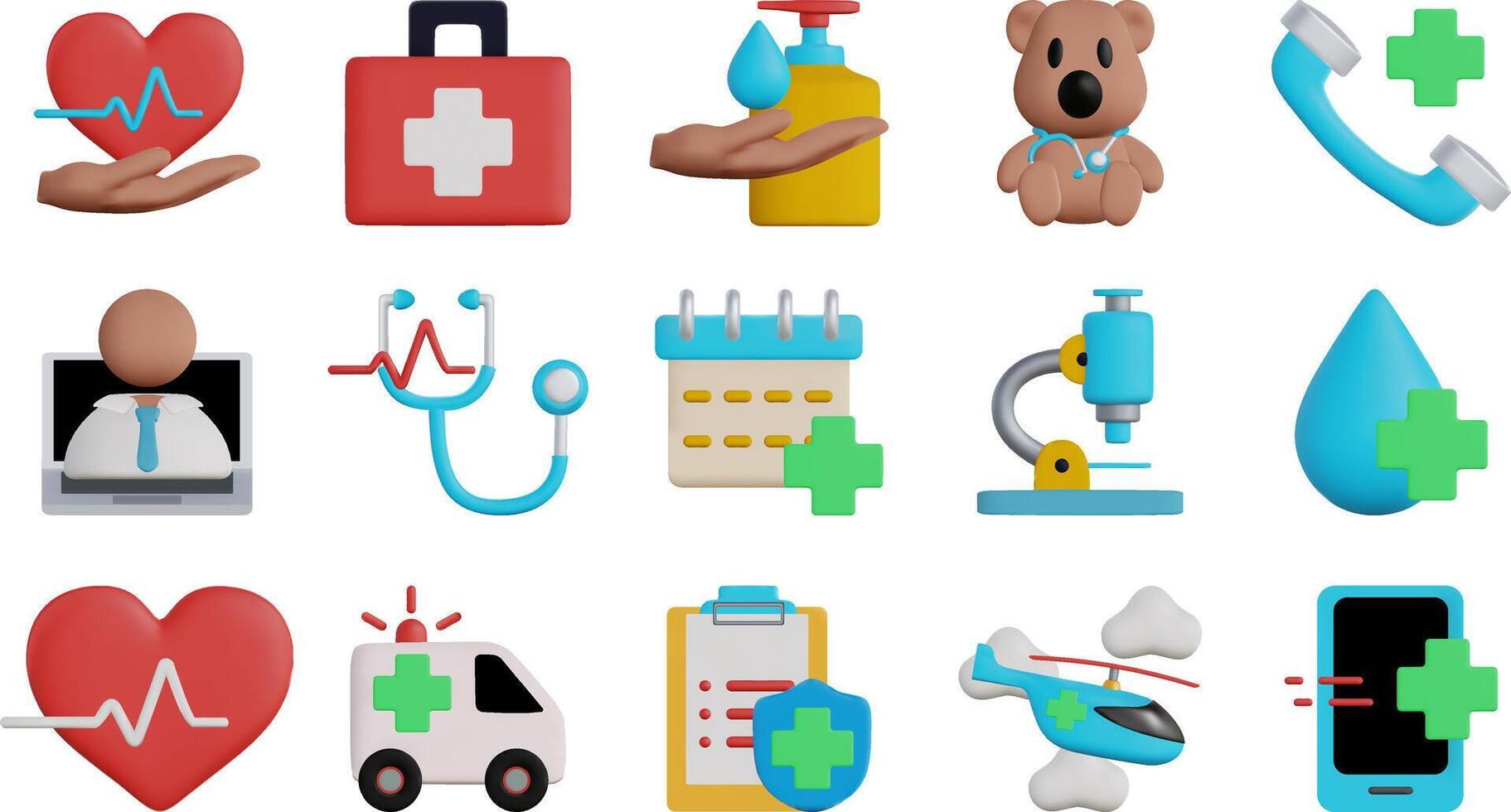 3D Cartoon Icons Set of Hospital and Medical Care. vector