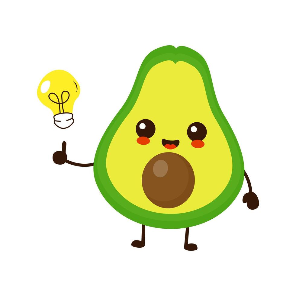 Cute funny cartoon avocado fruit with idea light bulb vector