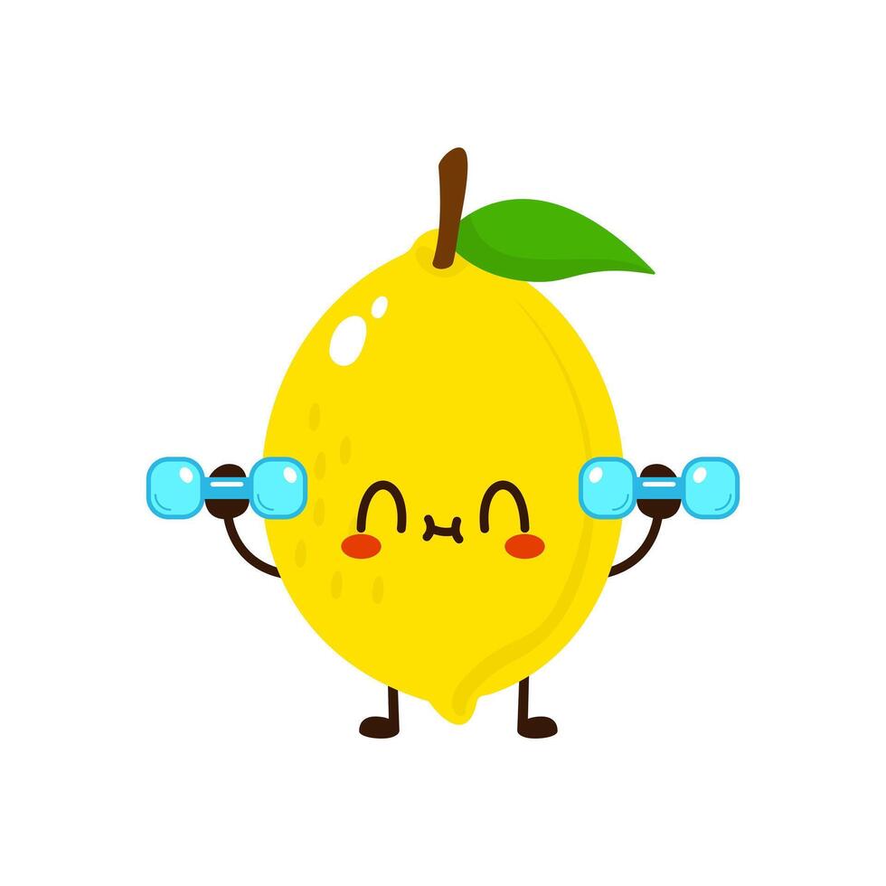 Cute funny lemon fruit is doing gym with dumbbells vector