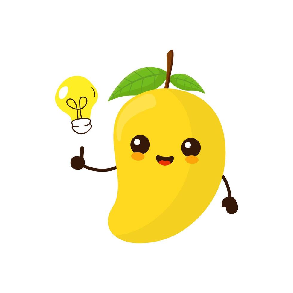 Cute funny cartoon mango fruit with idea light bulb vector