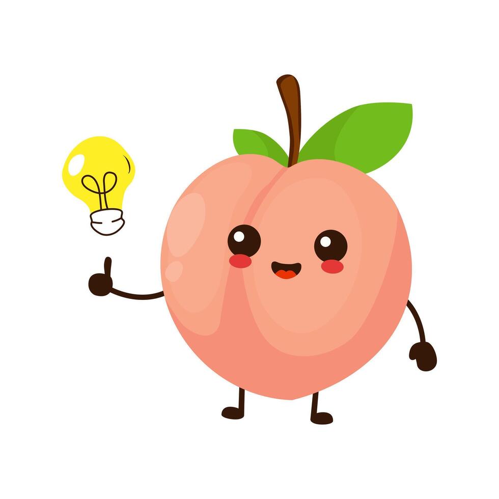 Cute funny cartoon peach fruit with idea light bulb vector