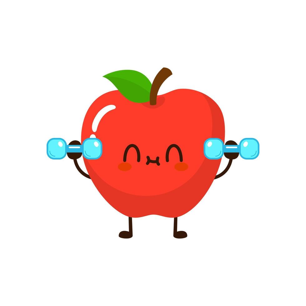 Cute funny apple fruit is doing gym with dumbbells vector