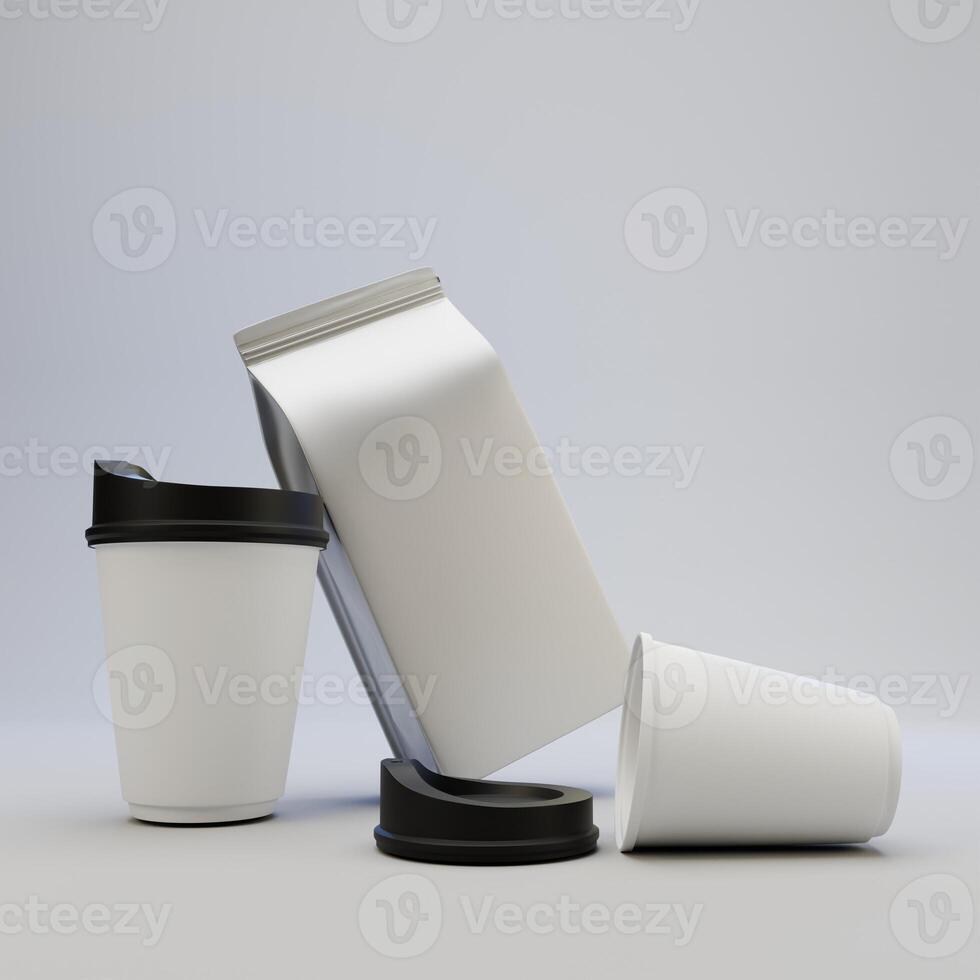 Mockup of foil pouch packaging and coffee cup, Top view perspective isolated on white background photo