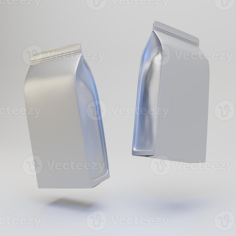 Set of two mockup foil pouch packaging with clip band isolated on white background photo