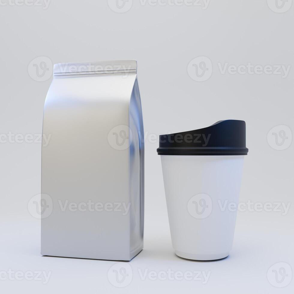 Mockup of foil pouch packaging and coffee cup, Front view perspective isolated on white background photo
