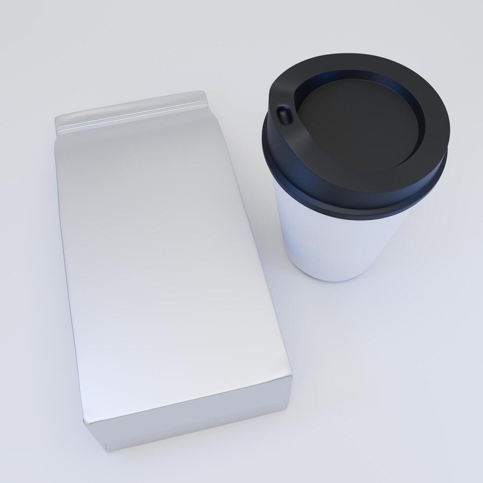 Mockup of foil pouch packaging and coffee cup, Top view perspective isolated on white background photo