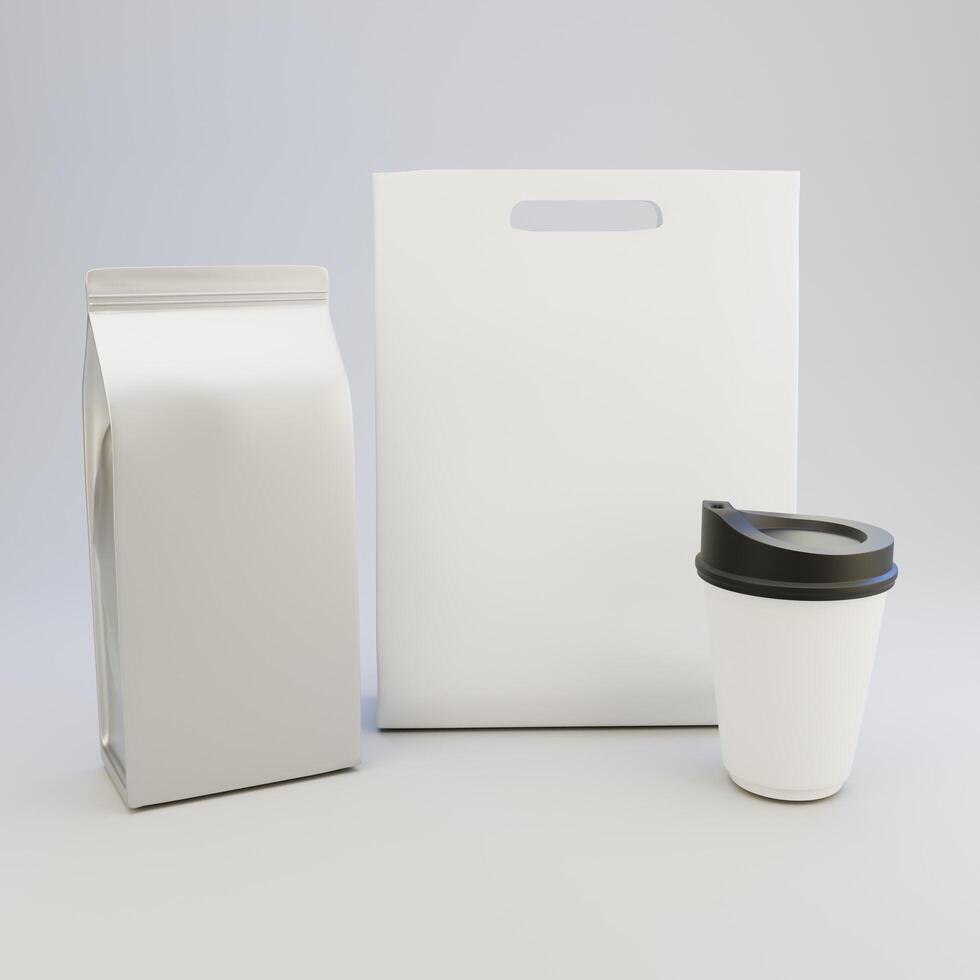 Mockup of foil pouch packaging, paper bag and coffee cup, Top view perspective isolated on white background photo