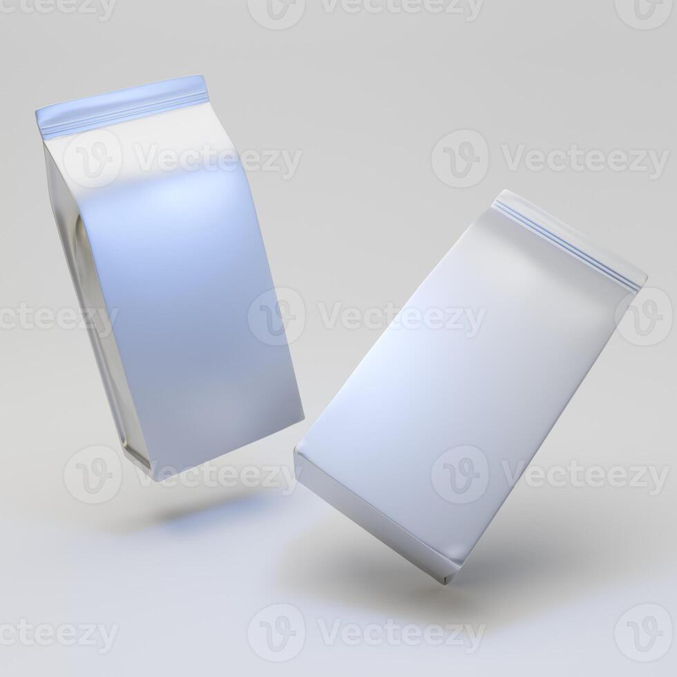 Set of two mockup foil pouch packaging with clip band isolated on white background photo