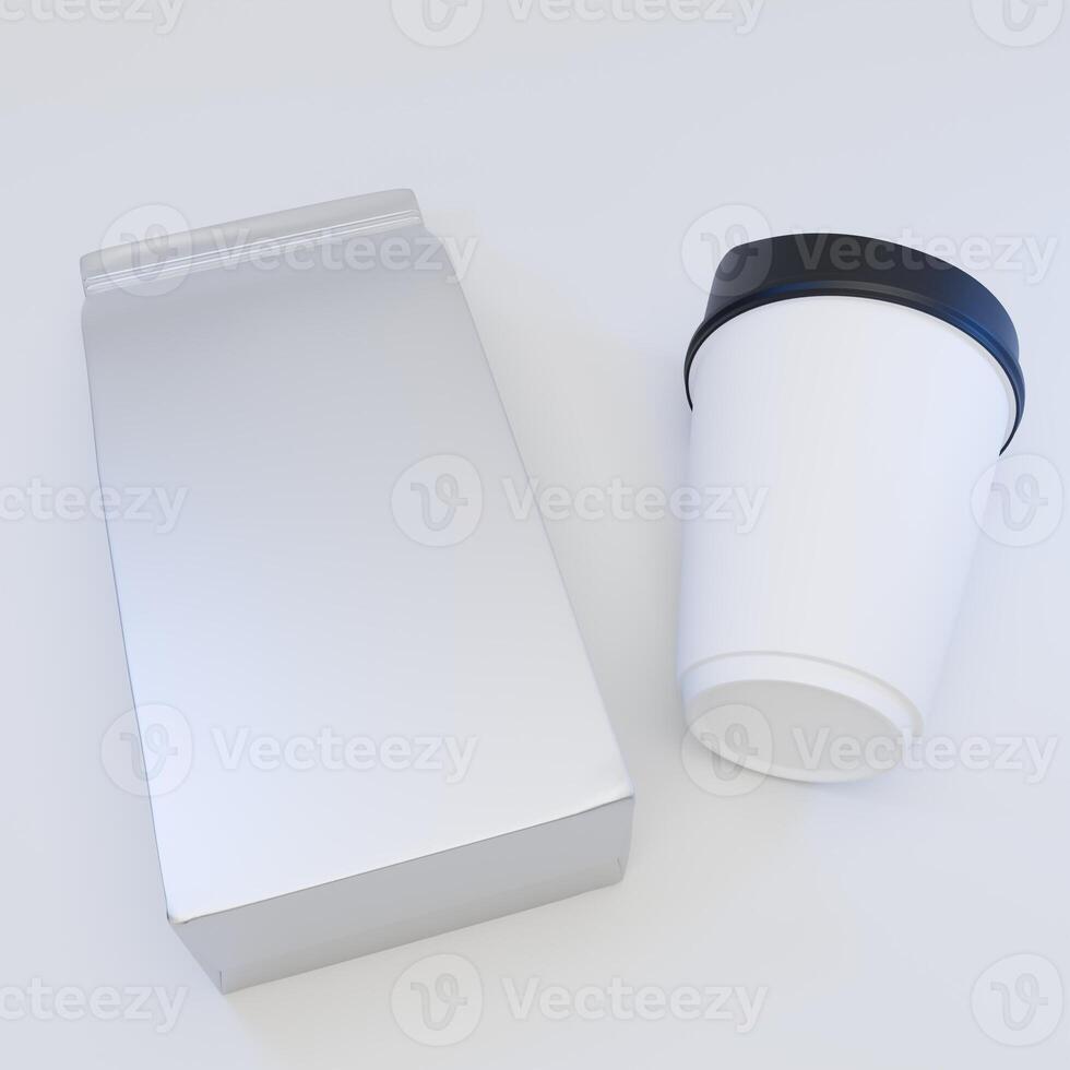 Mockup of foil pouch packaging and coffee cup, Top view perspective isolated on white background photo