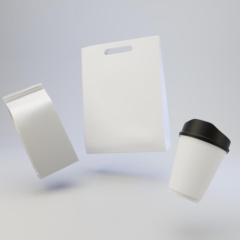 Mockup of foil pouch packaging, paper bag and coffee cup, Top view perspective isolated on white background photo