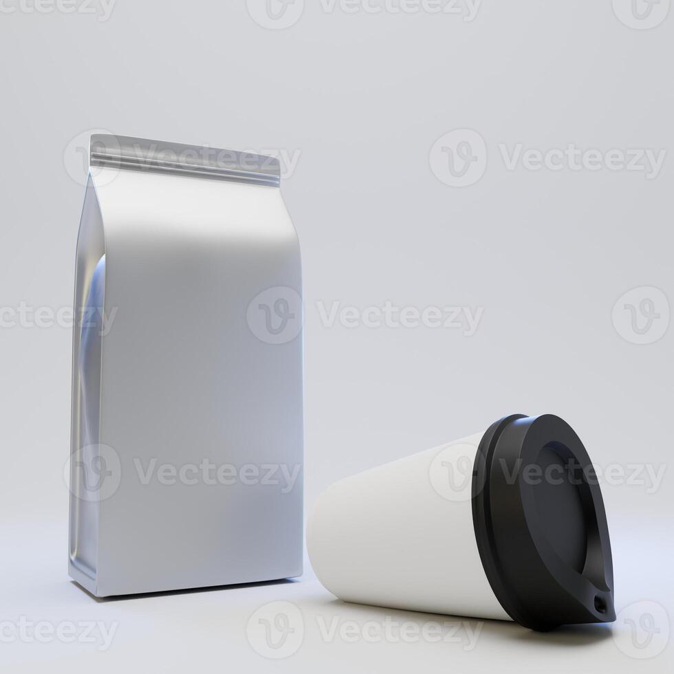 Mockup of foil pouch packaging and coffee cup, Front view perspective isolated on white background photo