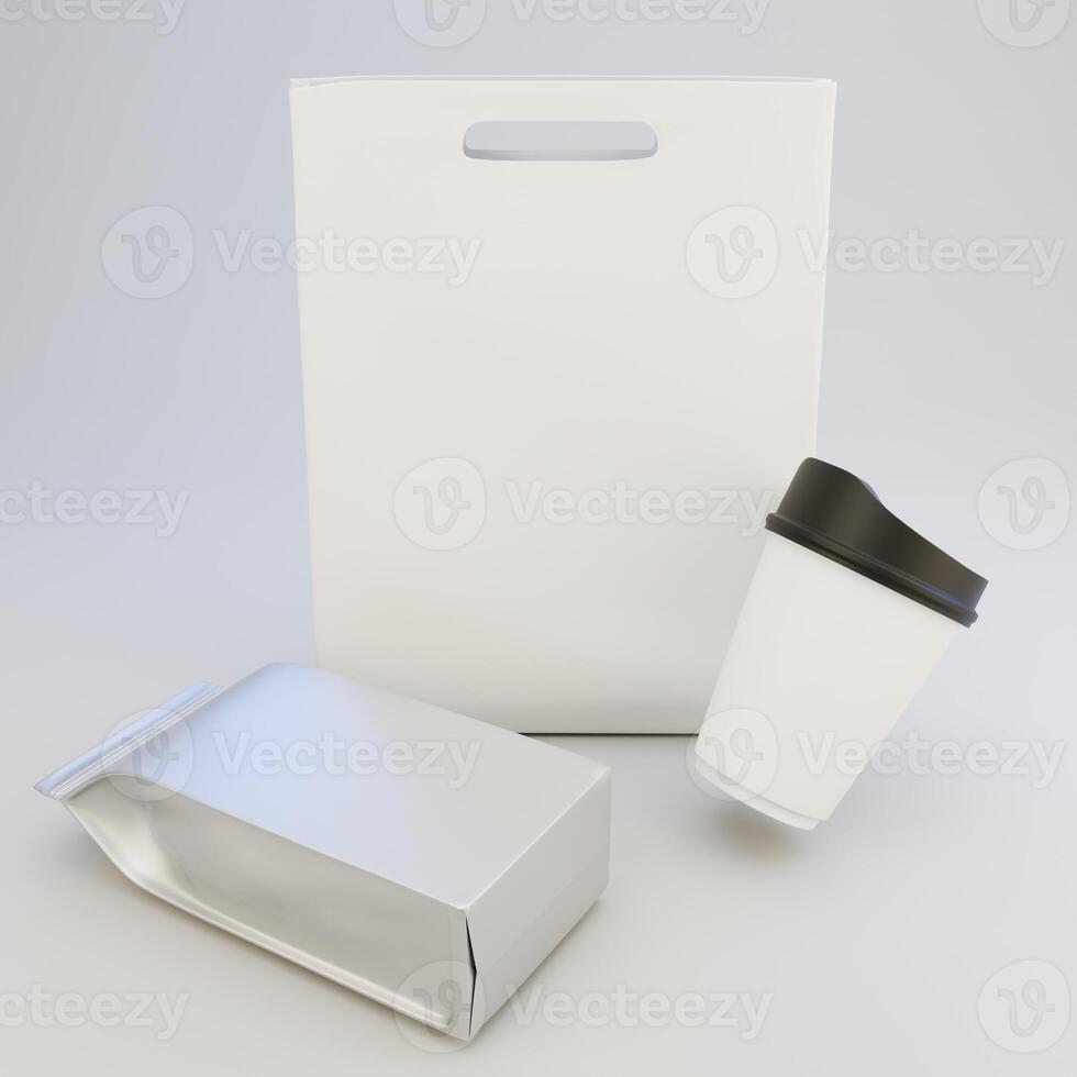 Mockup of foil pouch packaging, paper bag and coffee cup, Top view perspective isolated on white background photo