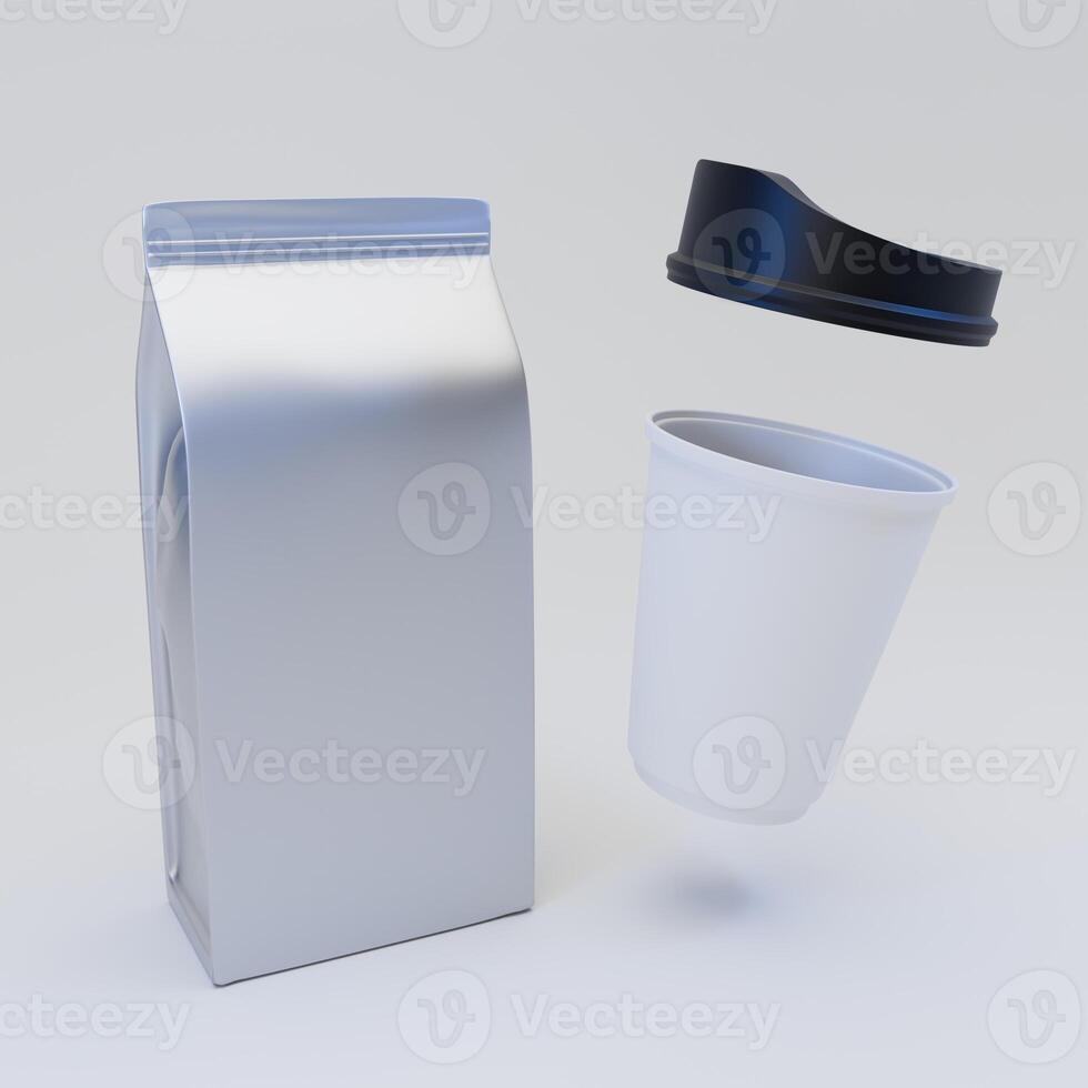Mockup of foil pouch packaging and coffee cup, Front view perspective isolated on white background photo