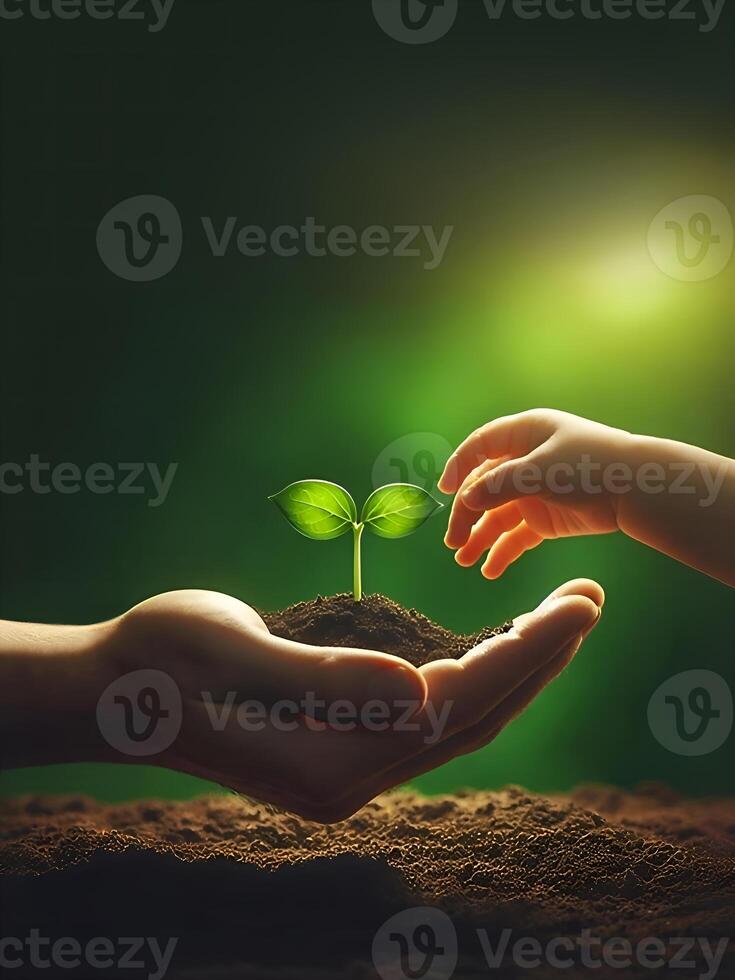 Green leafy seeds that grow in fertile soil are passed from adult hand to tiny baby hand, environmental design concept photo