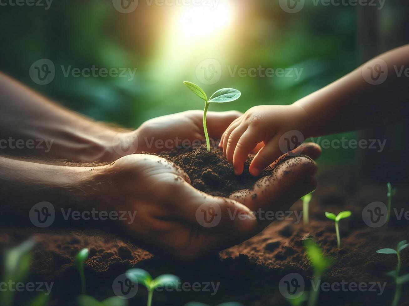 verde frondoso semillas ese crecer en fértil suelo son pasado desde adulto mano a minúsculo bebé mano, ambiental diseño concepto foto