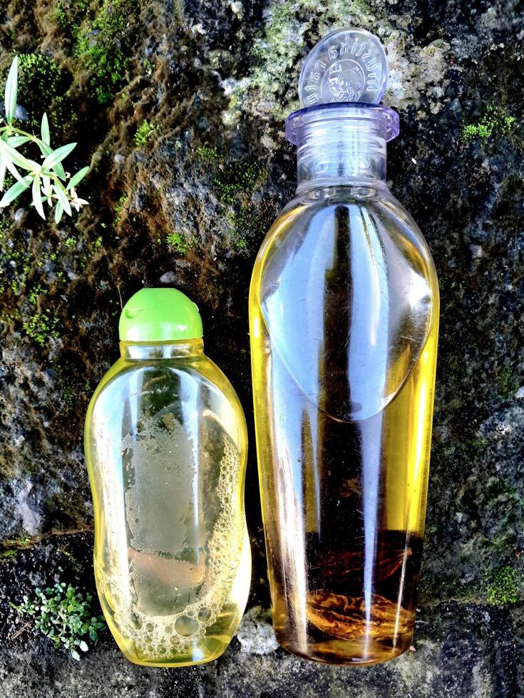 Olive oil in a bottle on moss grass background and plaster photo