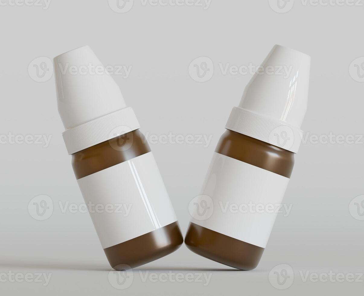 Amber glass dropper bottle mockup on gray background, 3d rendering. 3D Illustration photo