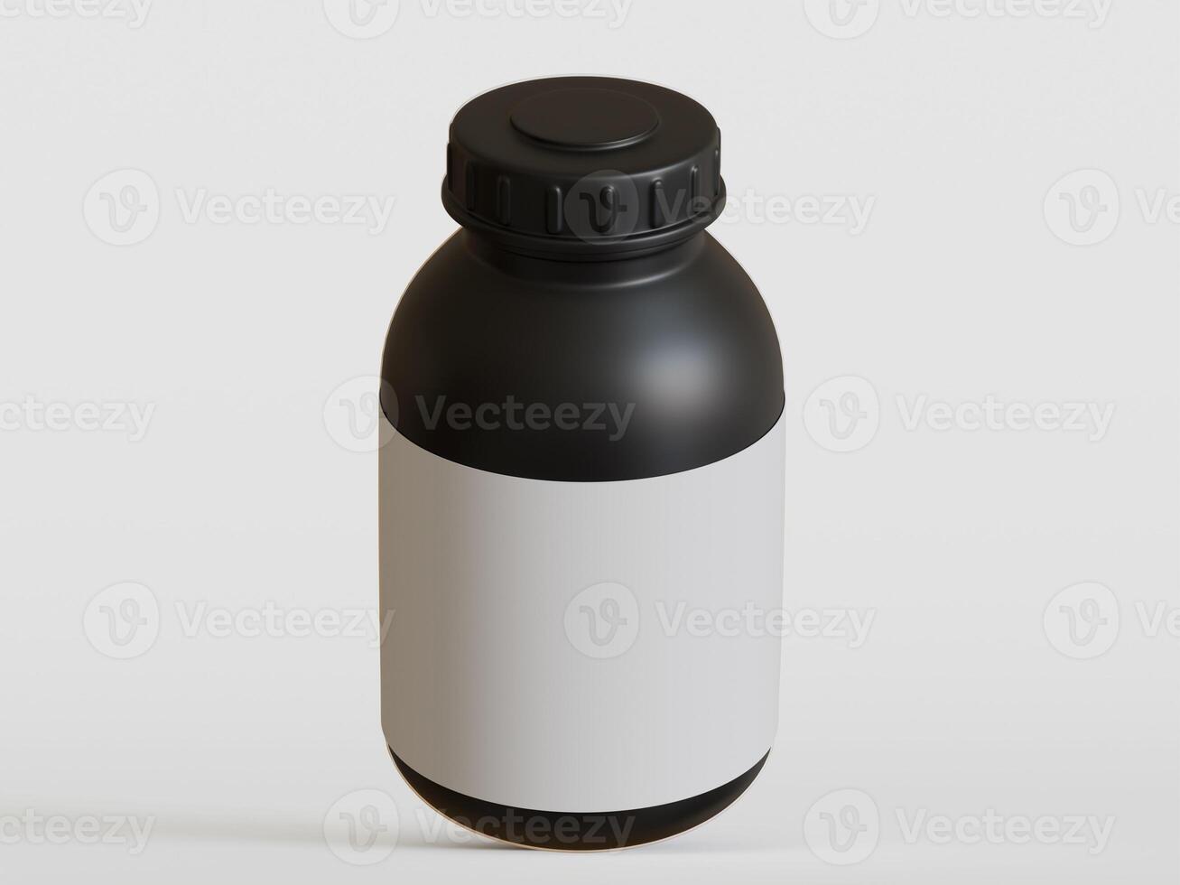 Black plastic bottle with blank label on white background, 3d rendering. photo