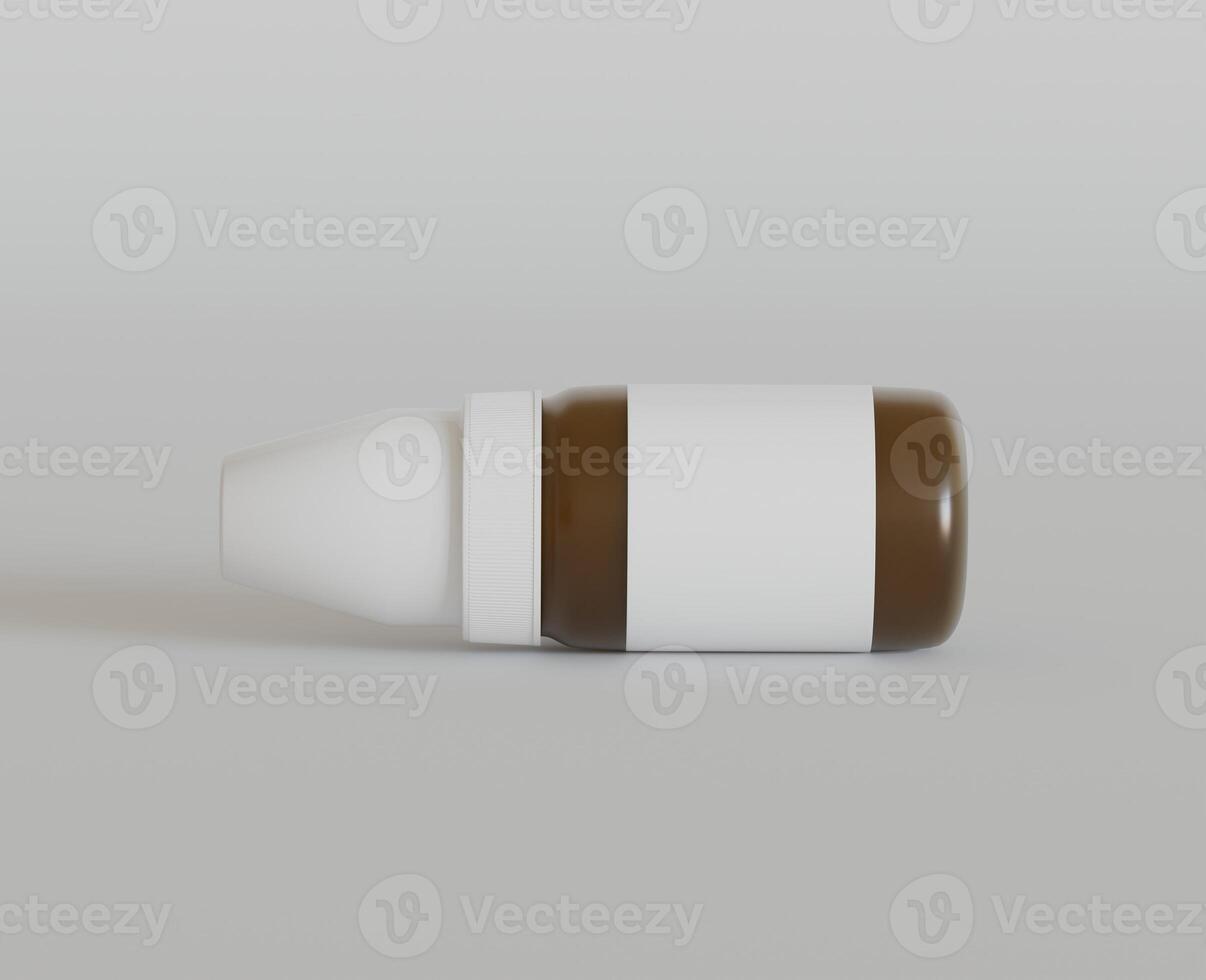 Amber glass dropper bottle mockup on gray background, 3d rendering. 3D Illustration photo