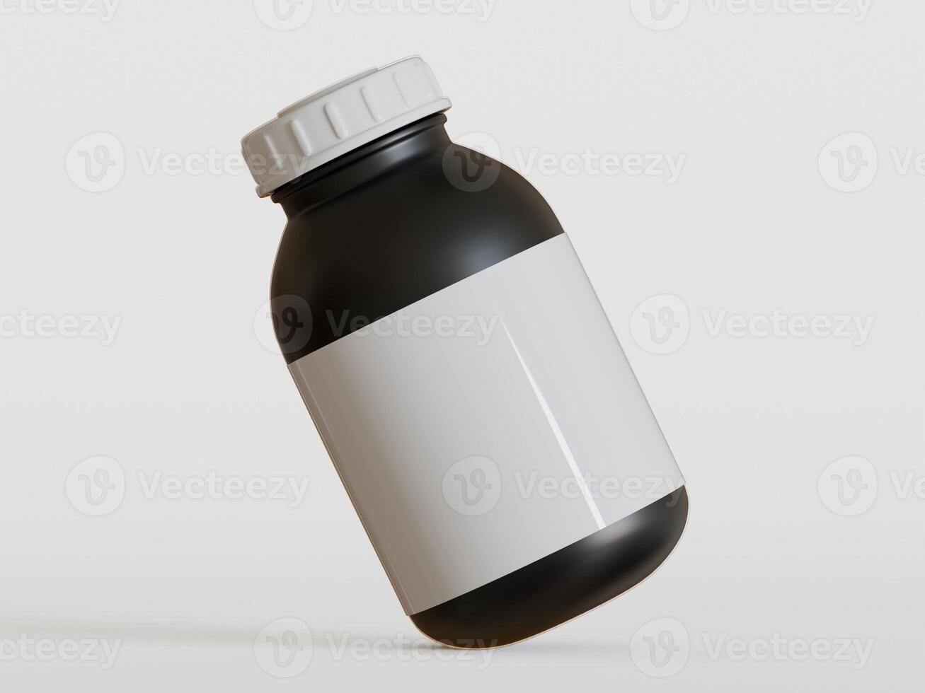 Black plastic bottle with blank label on white background, 3d rendering. photo