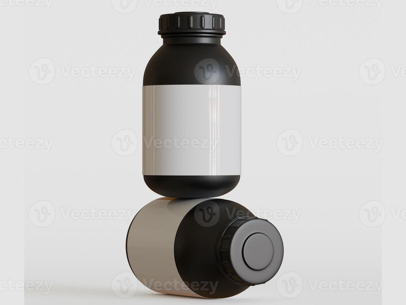 Black plastic bottle with blank label on white background, 3d rendering. photo