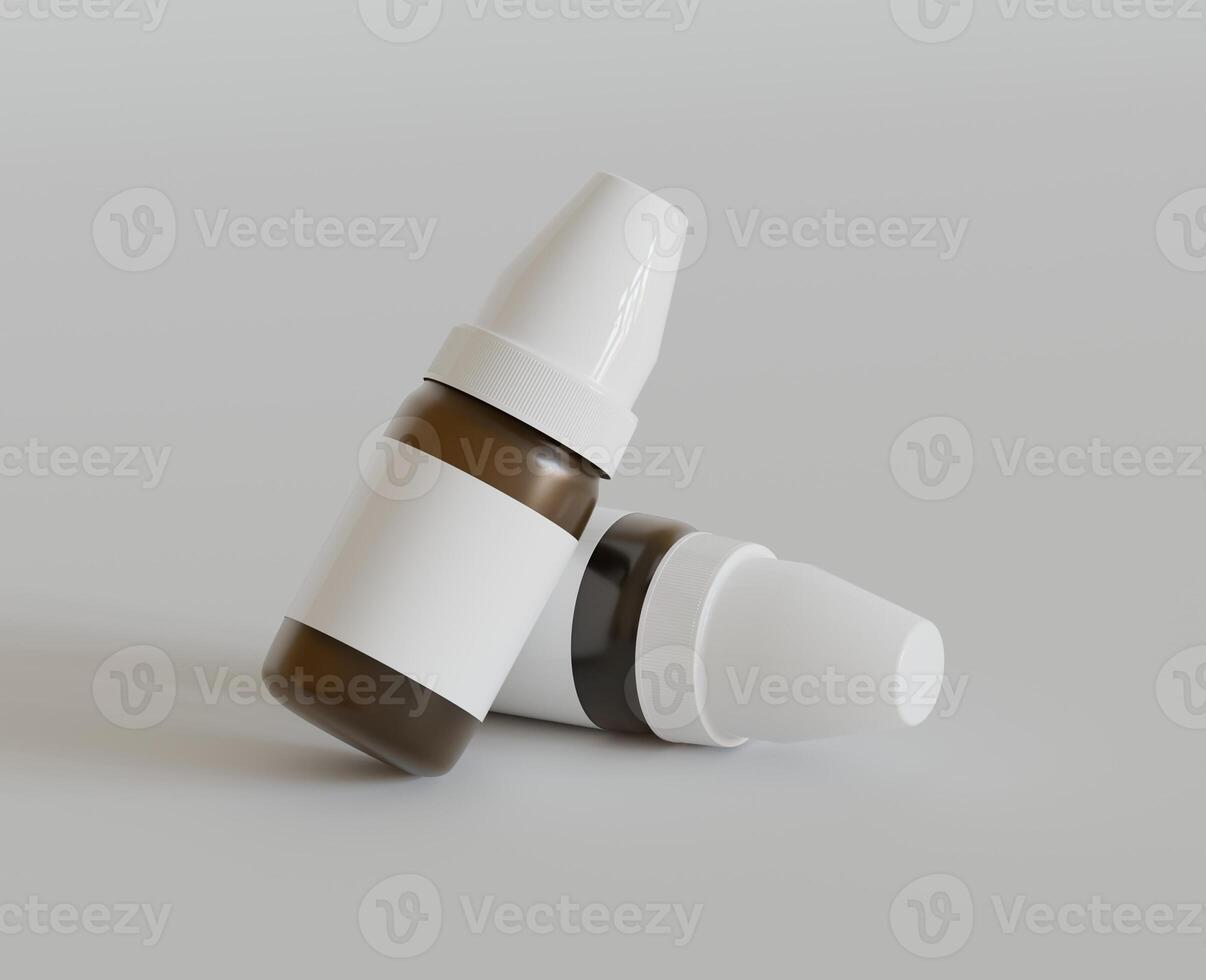 Amber glass dropper bottle mockup on gray background, 3d rendering. 3D Illustration photo