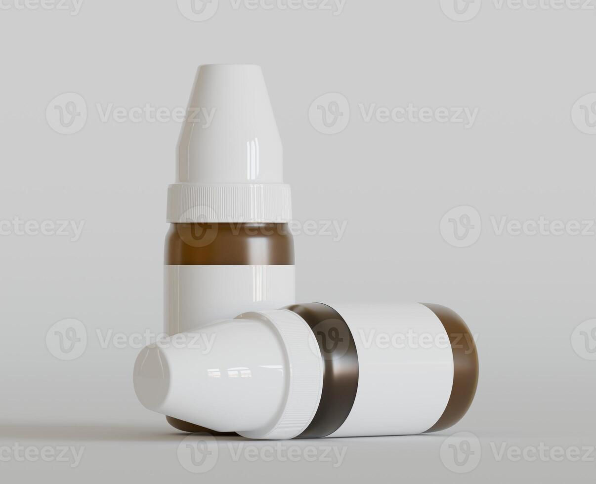 Amber glass dropper bottle mockup on gray background, 3d rendering. 3D Illustration photo