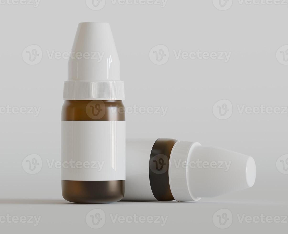 Amber glass dropper bottle mockup on gray background, 3d rendering. 3D Illustration photo