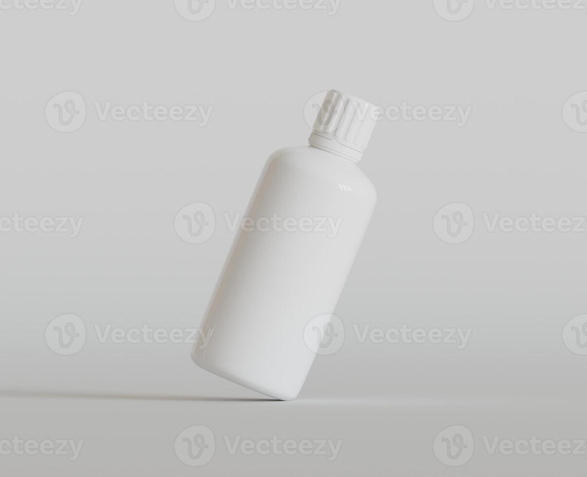 Blank white round supplements, medicine bottle with black grooved lid for beauty or healthy product. Isolated on white background with shadow. Ready to use for package design. illustration. photo