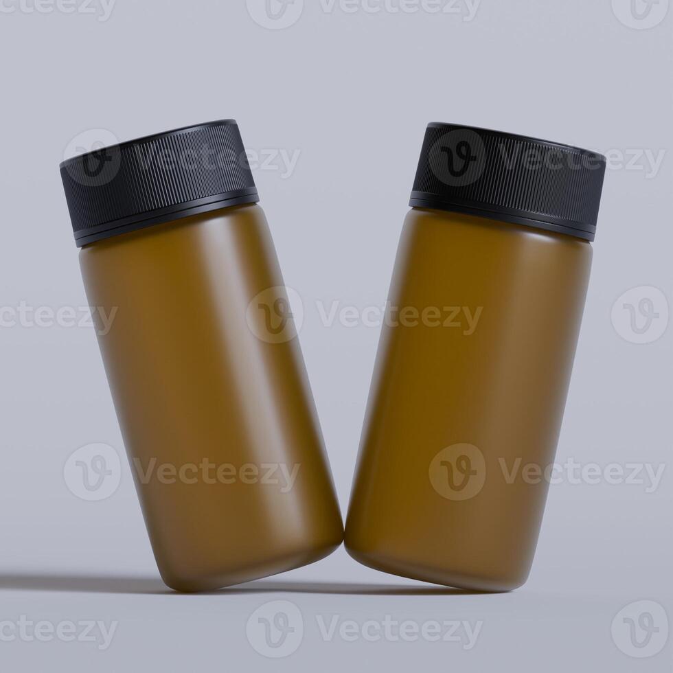 Realistic 3d pill brown bottle without label mockup 3d rendering photo