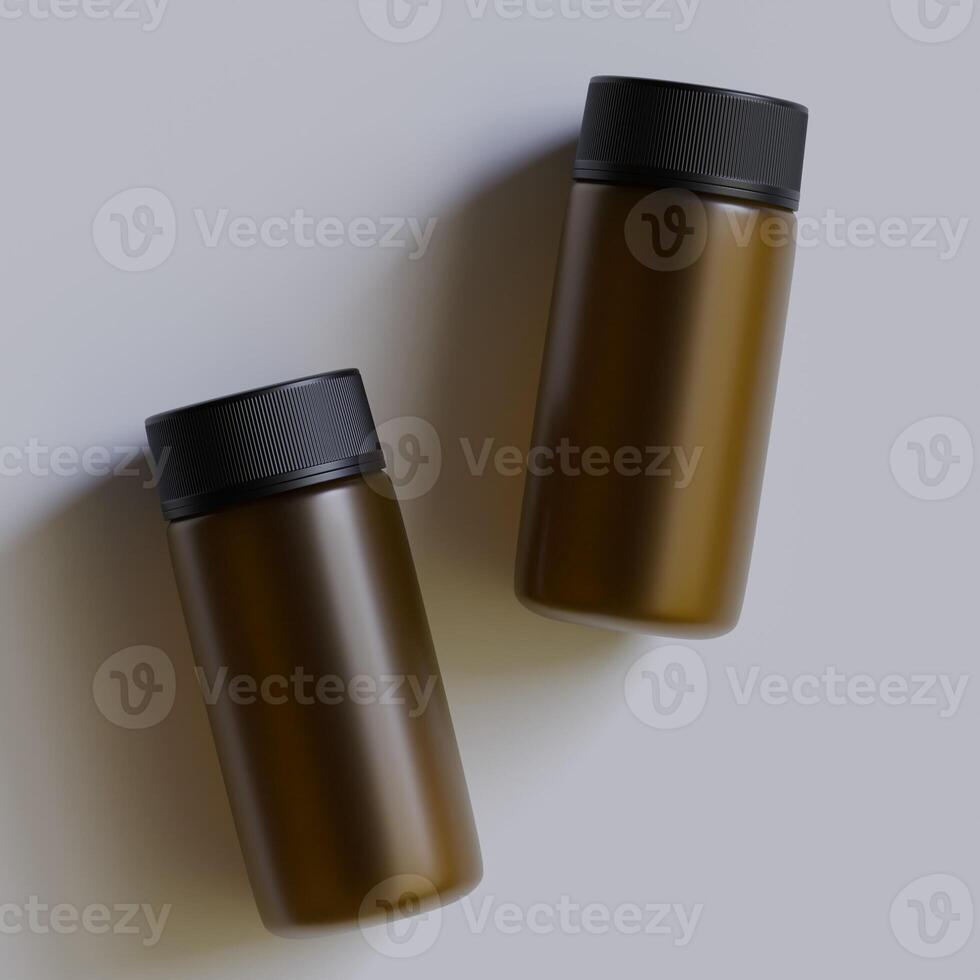 Realistic 3d pill brown bottle without label mockup 3d rendering photo