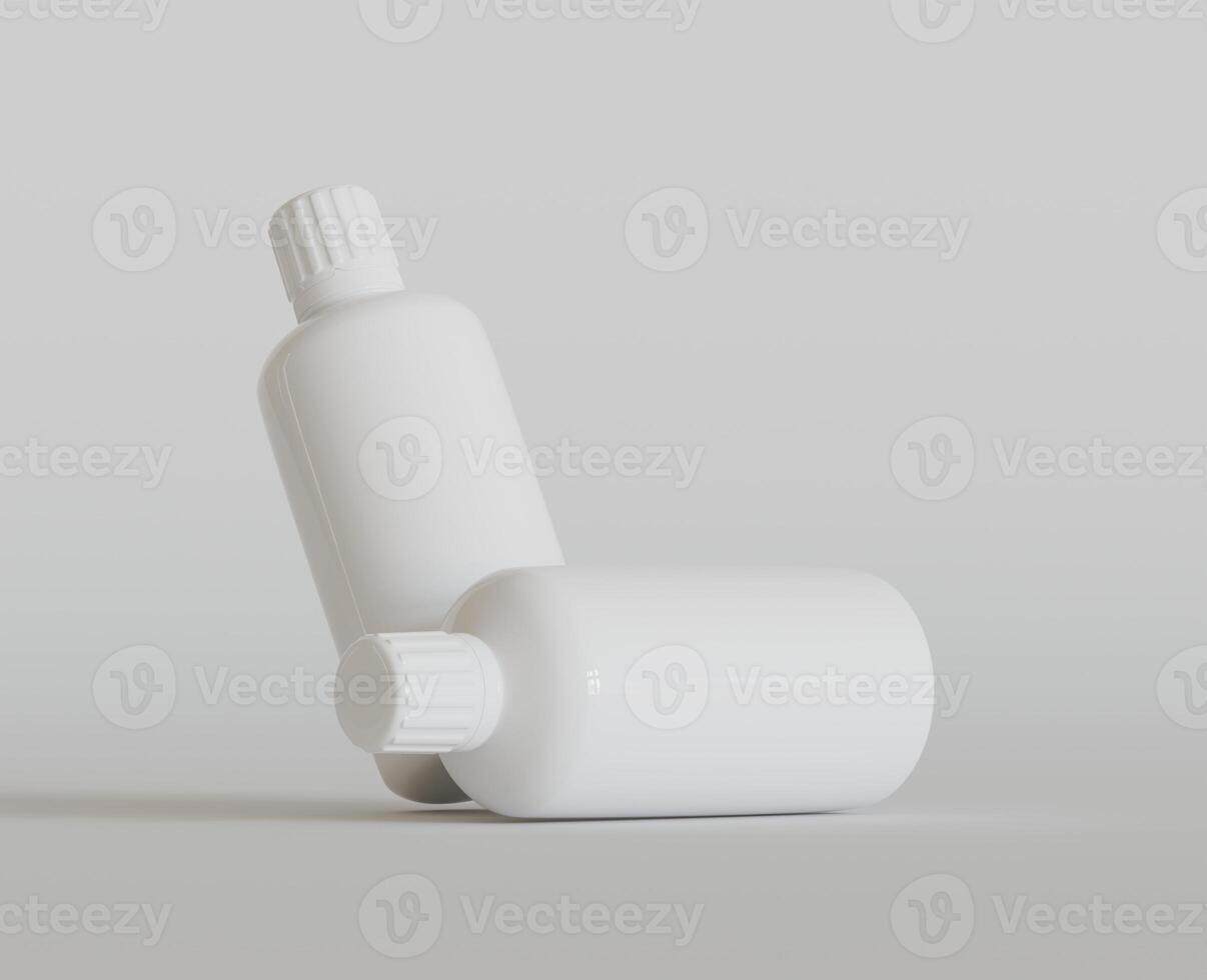 Blank white round supplements, medicine bottle with black grooved lid for beauty or healthy product. Isolated on white background with shadow. Ready to use for package design. illustration. photo