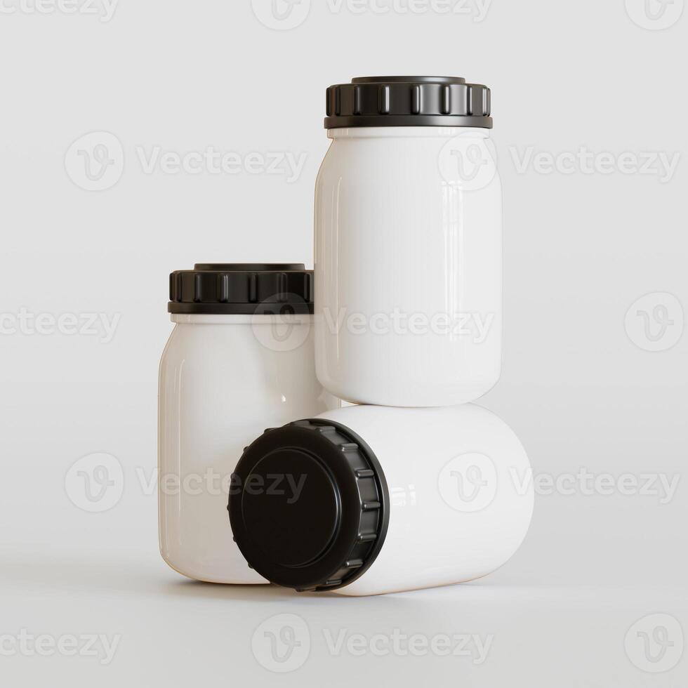 Blank white round supplements, medicine bottle with black grooved lid for beauty or healthy product. Isolated on white background with shadow. Ready to use for package design. illustration. photo