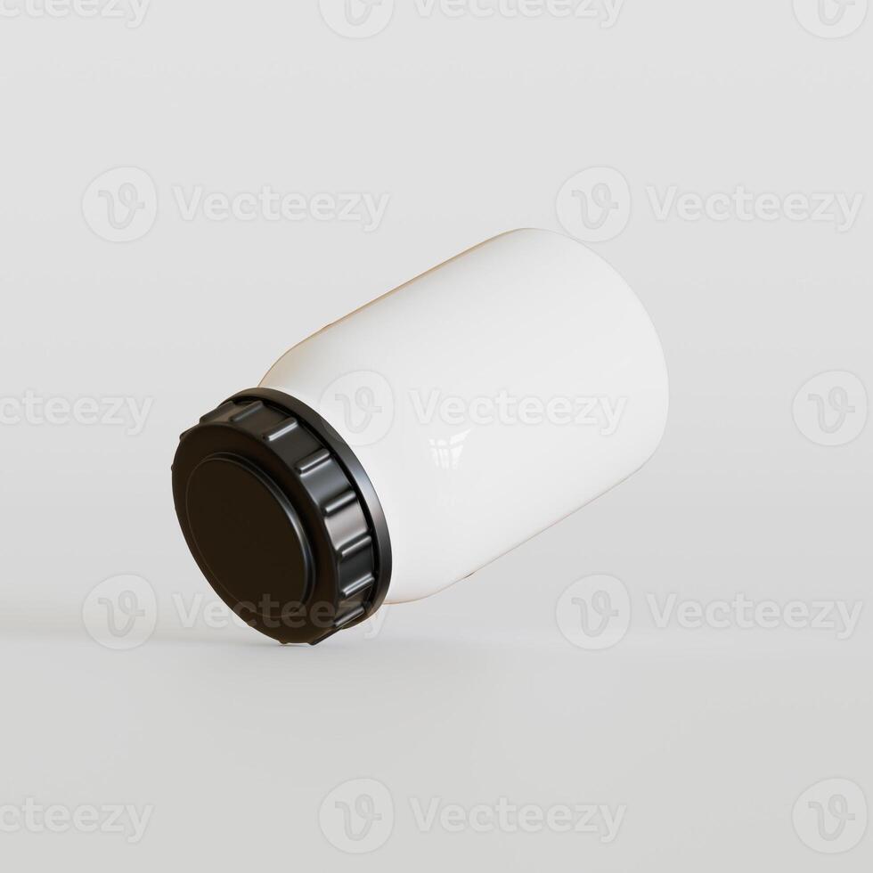 Blank white round supplements, medicine bottle with black grooved lid for beauty or healthy product. Isolated on white background with shadow. Ready to use for package design. illustration. photo