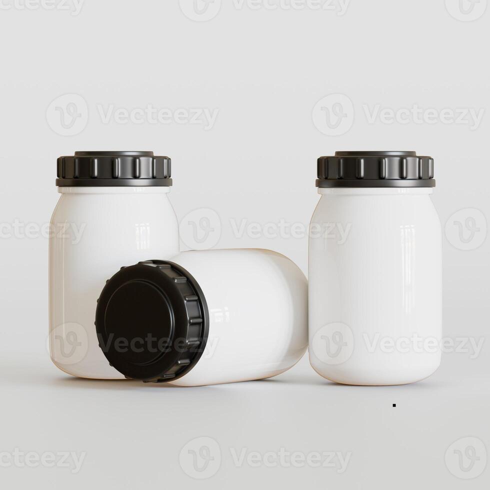 Blank white round supplements, medicine bottle with black grooved lid for beauty or healthy product. Isolated on white background with shadow. Ready to use for package design. illustration. photo