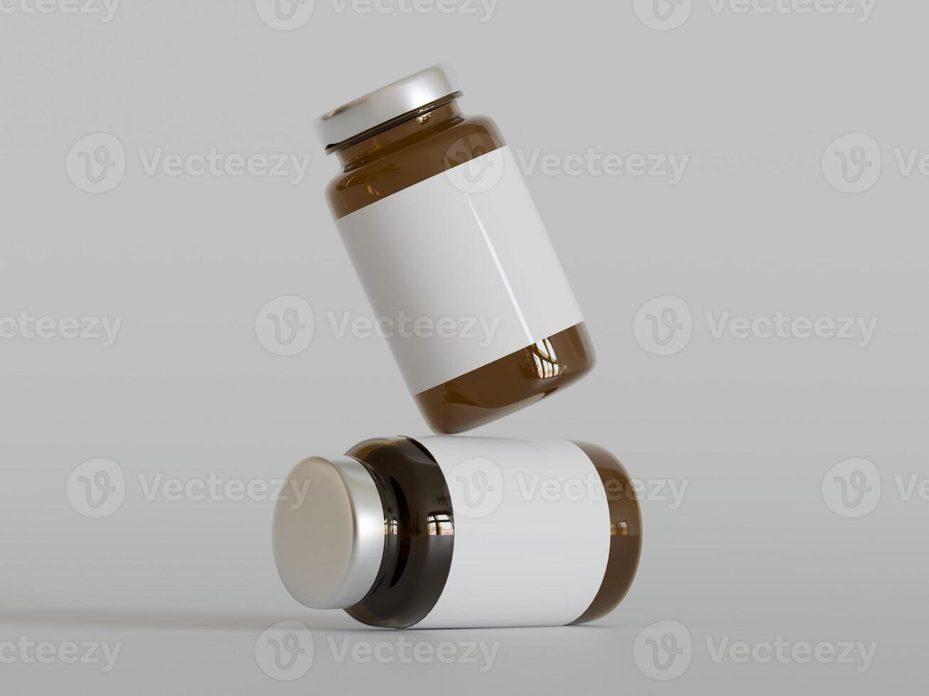 Amber Pills brown Bottle 3d Rendering white label on white background photo