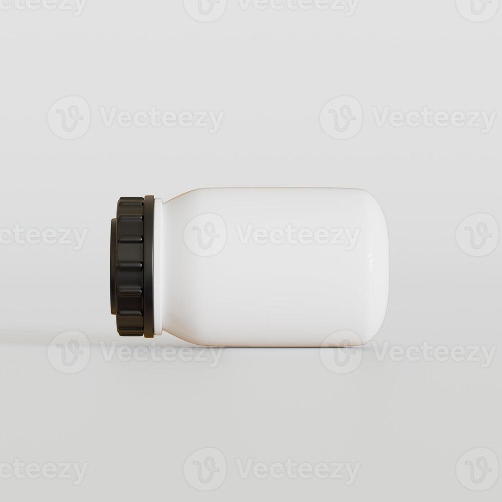 Blank white round supplements, medicine bottle with black grooved lid for beauty or healthy product. Isolated on white background with shadow. Ready to use for package design. illustration. photo