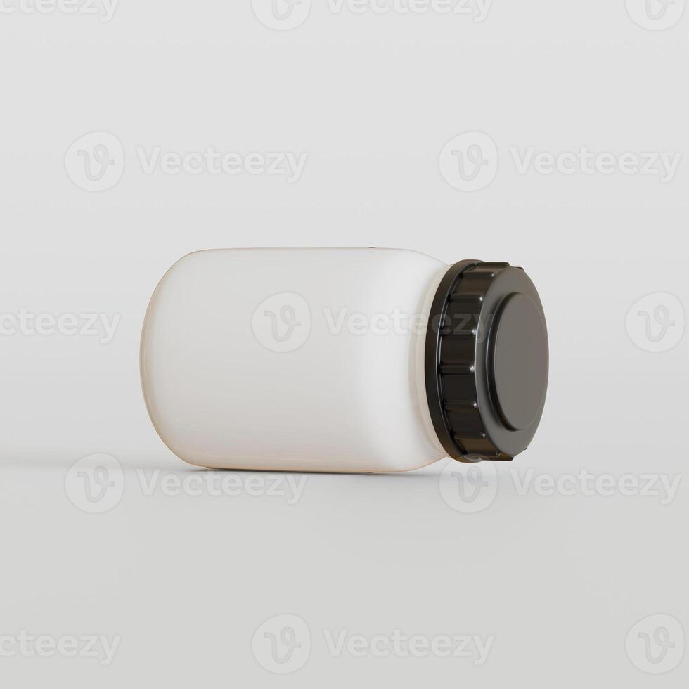 Blank white round supplements, medicine bottle with black grooved lid for beauty or healthy product. Isolated on white background with shadow. Ready to use for package design. illustration. photo